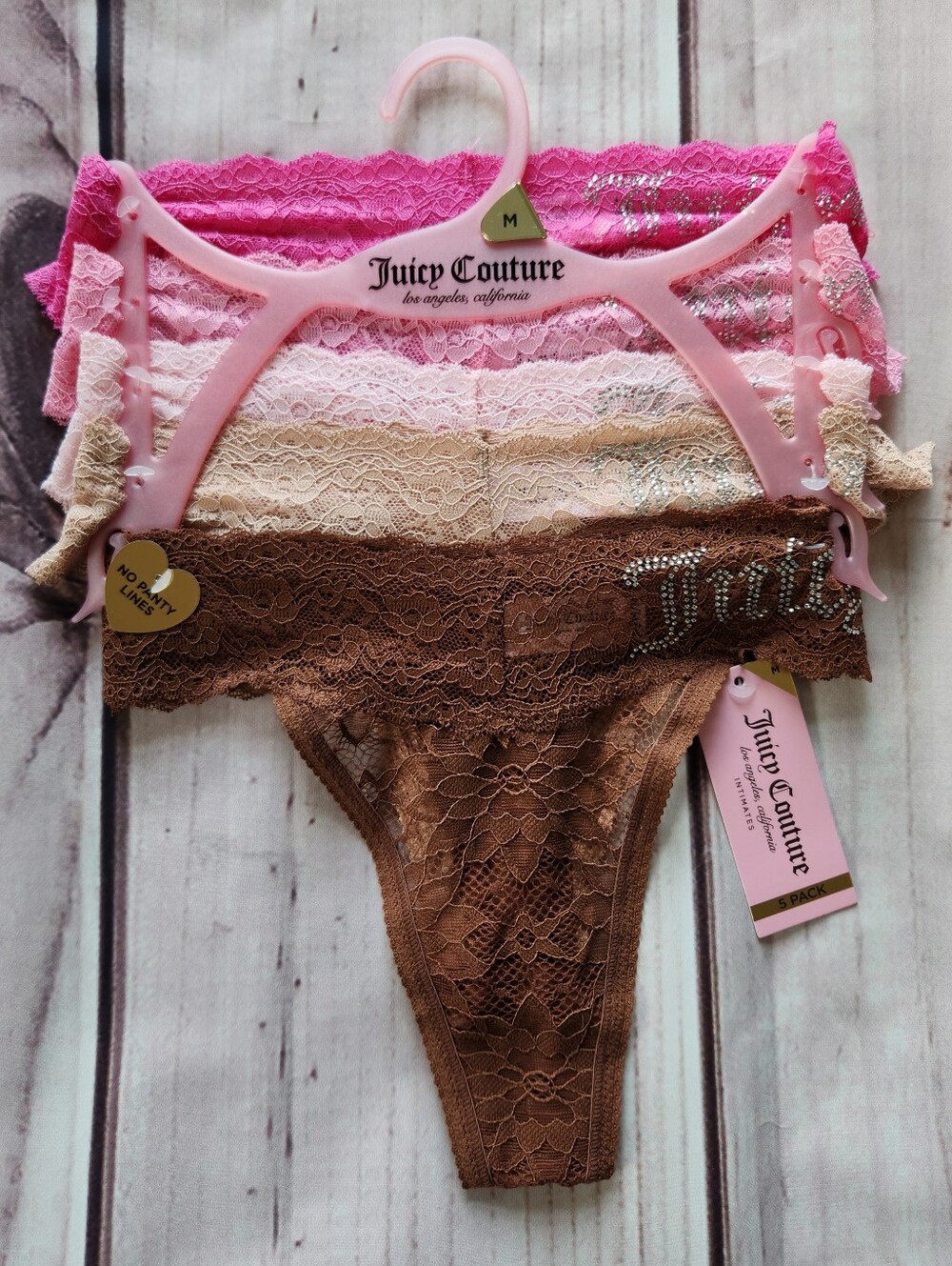 NWT Juicy Couture Underwear Set 5 Pack Lacy Thong Pink Nude, Women's Size M